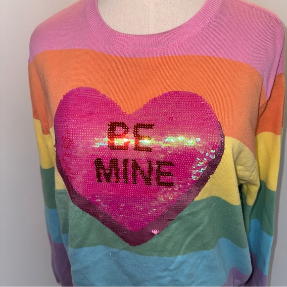 Queen Of Sparkles Women’s Small Rainbow Be Mine Heart Valentine’s Crew Sweater - Picture 3 of 6
